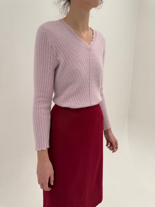 Pulover din cașmir powder Pink ribbed high end cu fir lung