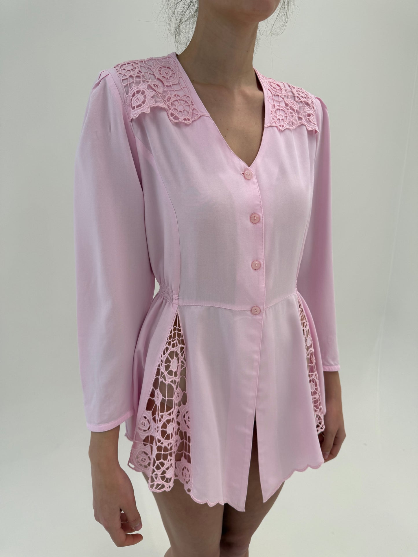Set vintage powder Pink cu inserții de dantelă macrame și talie marcată elastică