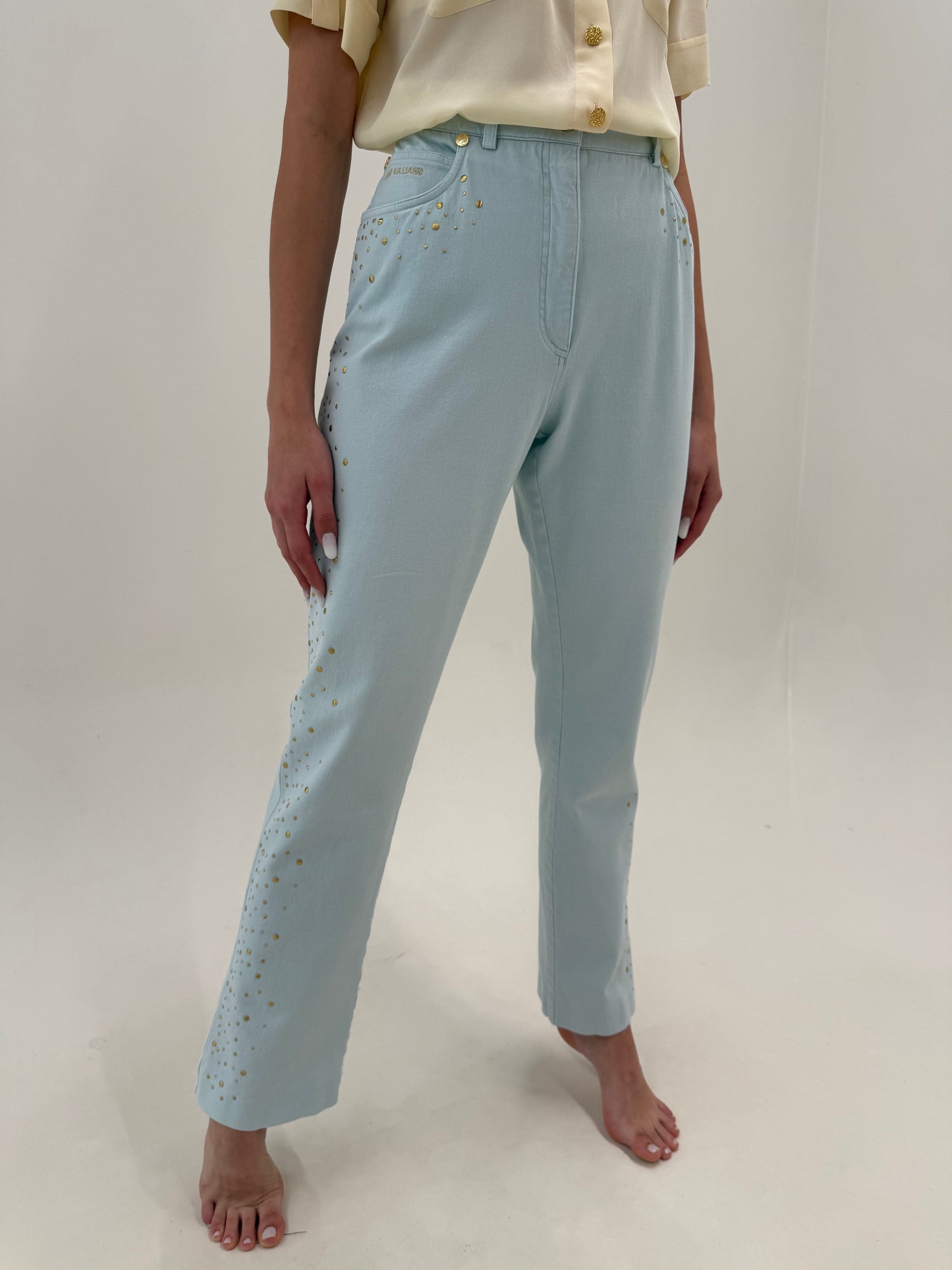 Pantaloni premium de vară baby blue italinesti cu aplicații auriu pudrat ultra confort