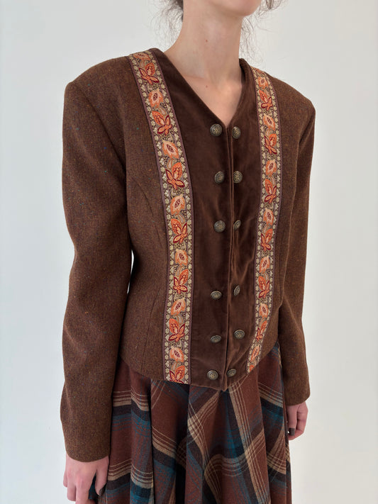 Sacou vintage caramel brown 80% lana cu inserție de brocart nou cu eticheta