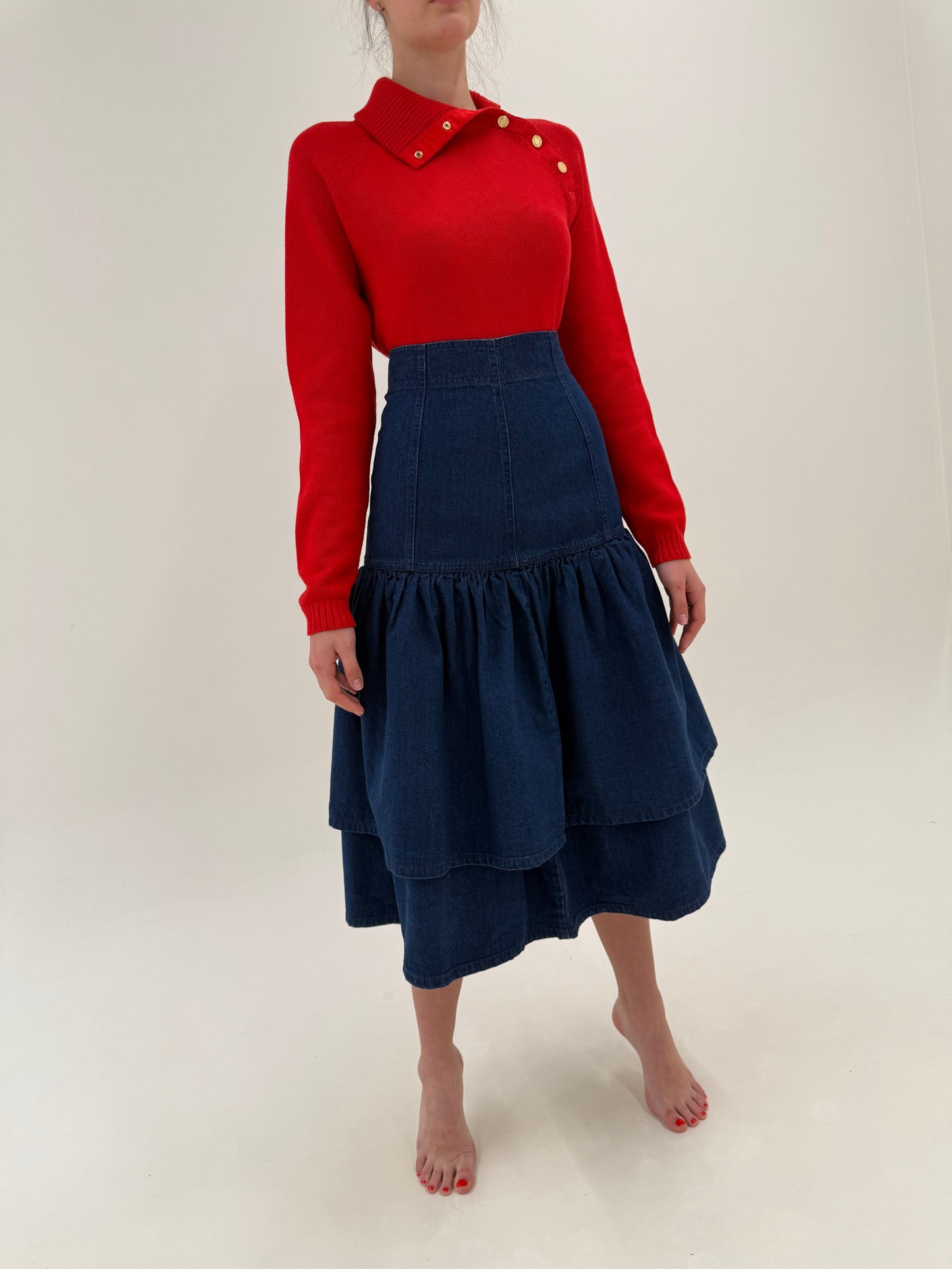 Fustă vintage maxi de designer din jeans în croi spectaculos