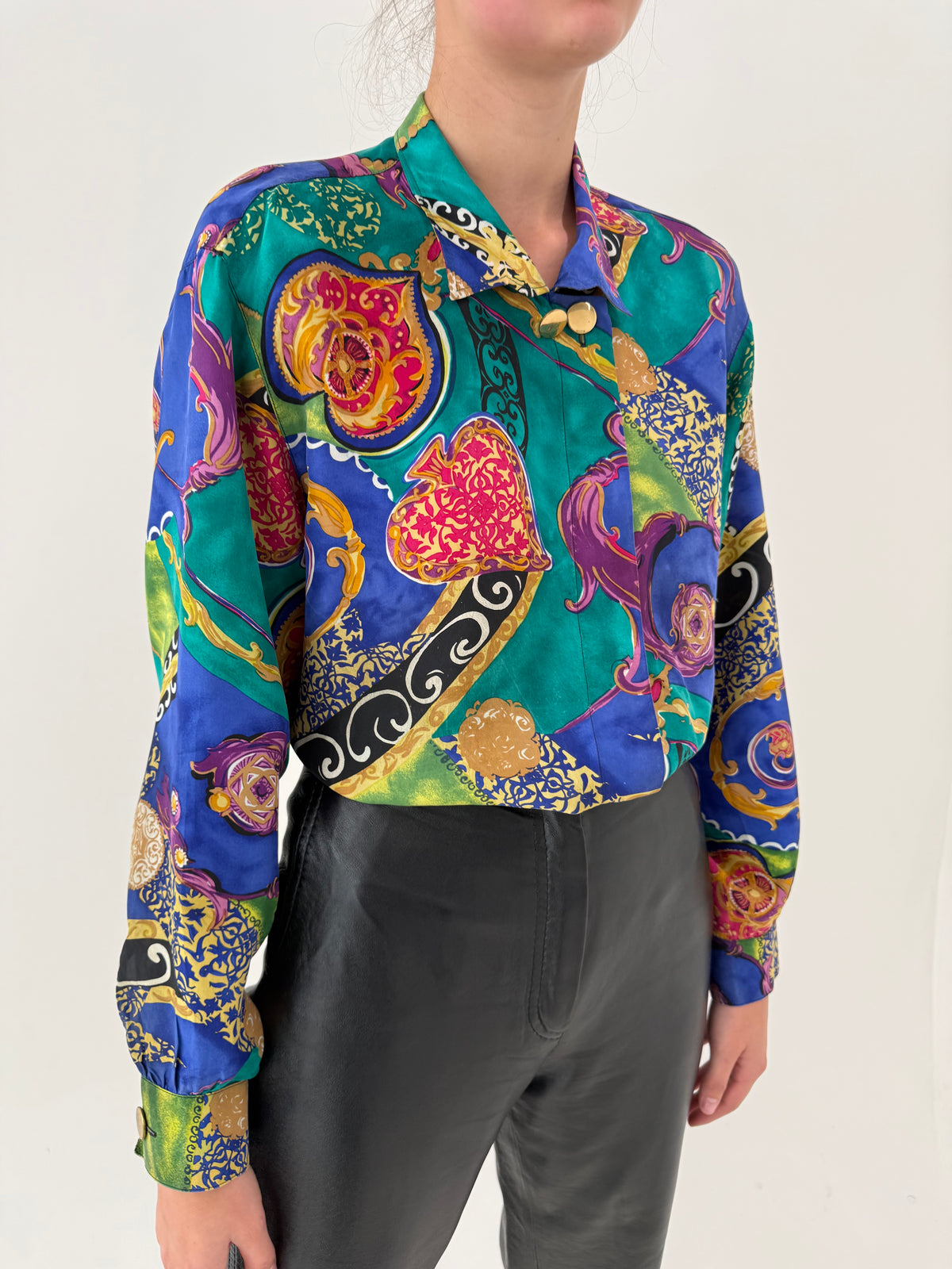 Cămașa vintage petite din mătase naturală cu print baroc