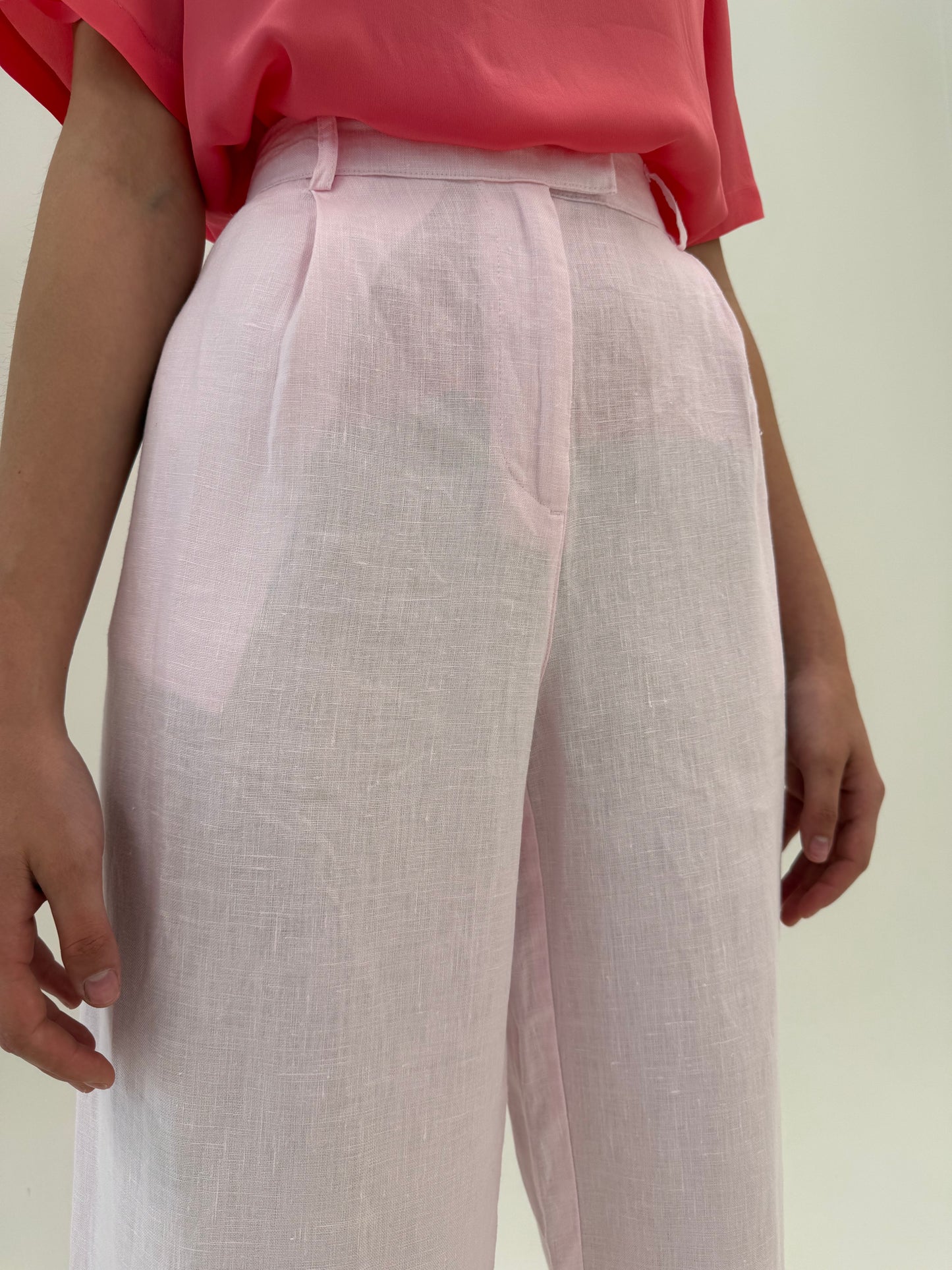Pantaloni palazzo din in premium powder pink cu talie extrem de înaltă
