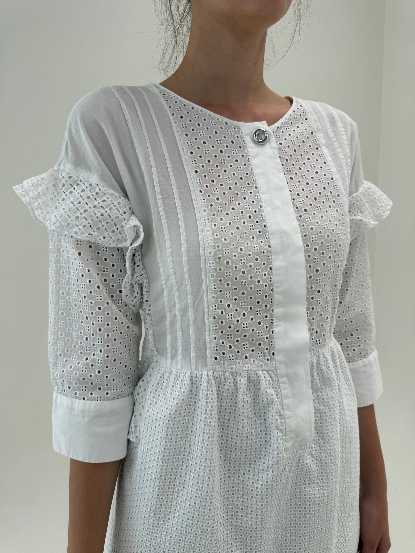 Rochie din bumbac integral cu broderie anglaise cu talie ultra înaltă