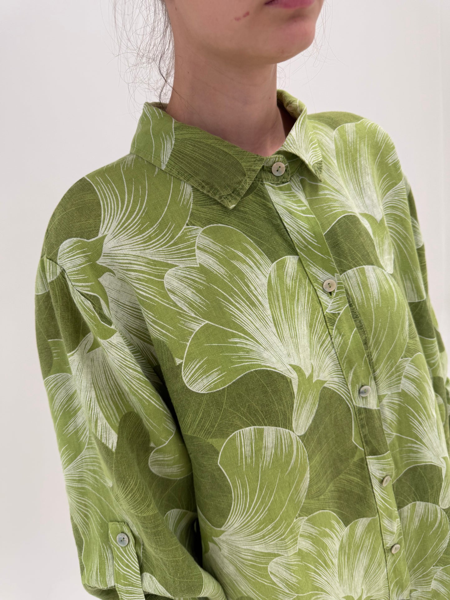 Tunica în croi lung / rochie din in premium cu print organic în nuanțe de verde