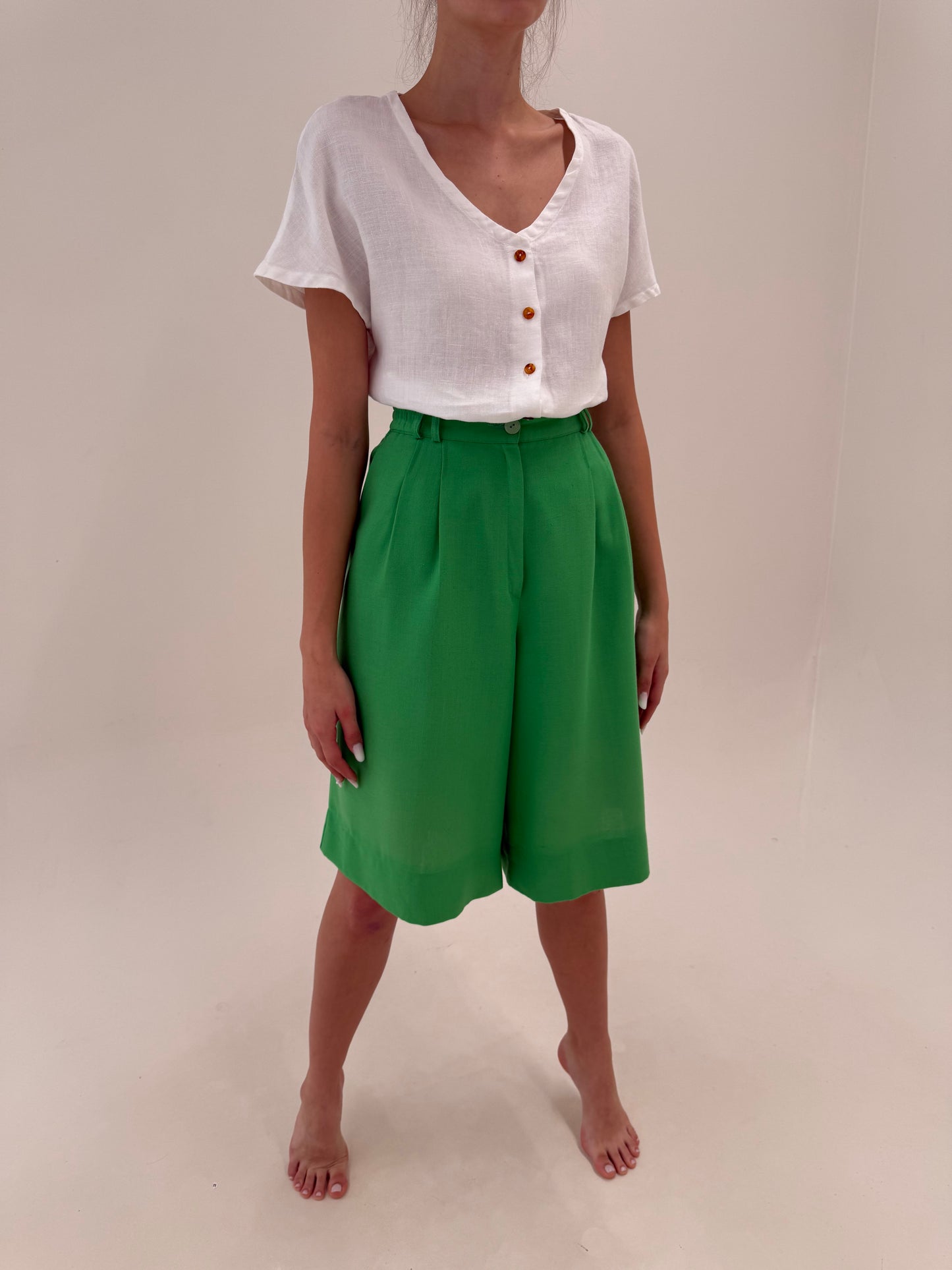Pantaloni vintage emerald green din pânză cu talie extrem de înaltă marcată