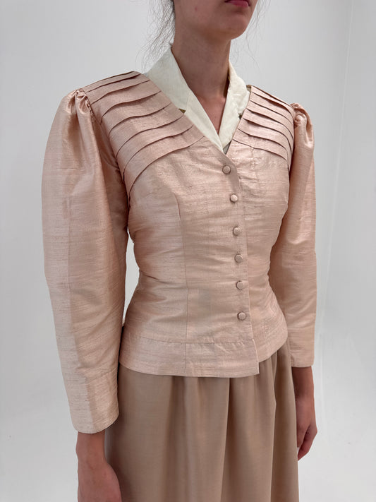 Sacou tip corsaj din mătase naturală dupioni dusty powder pink cu pliseuri