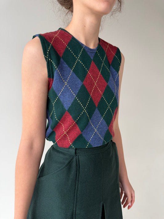 Top în carouri 80% lana plină extrafina și combinație clasică de culori