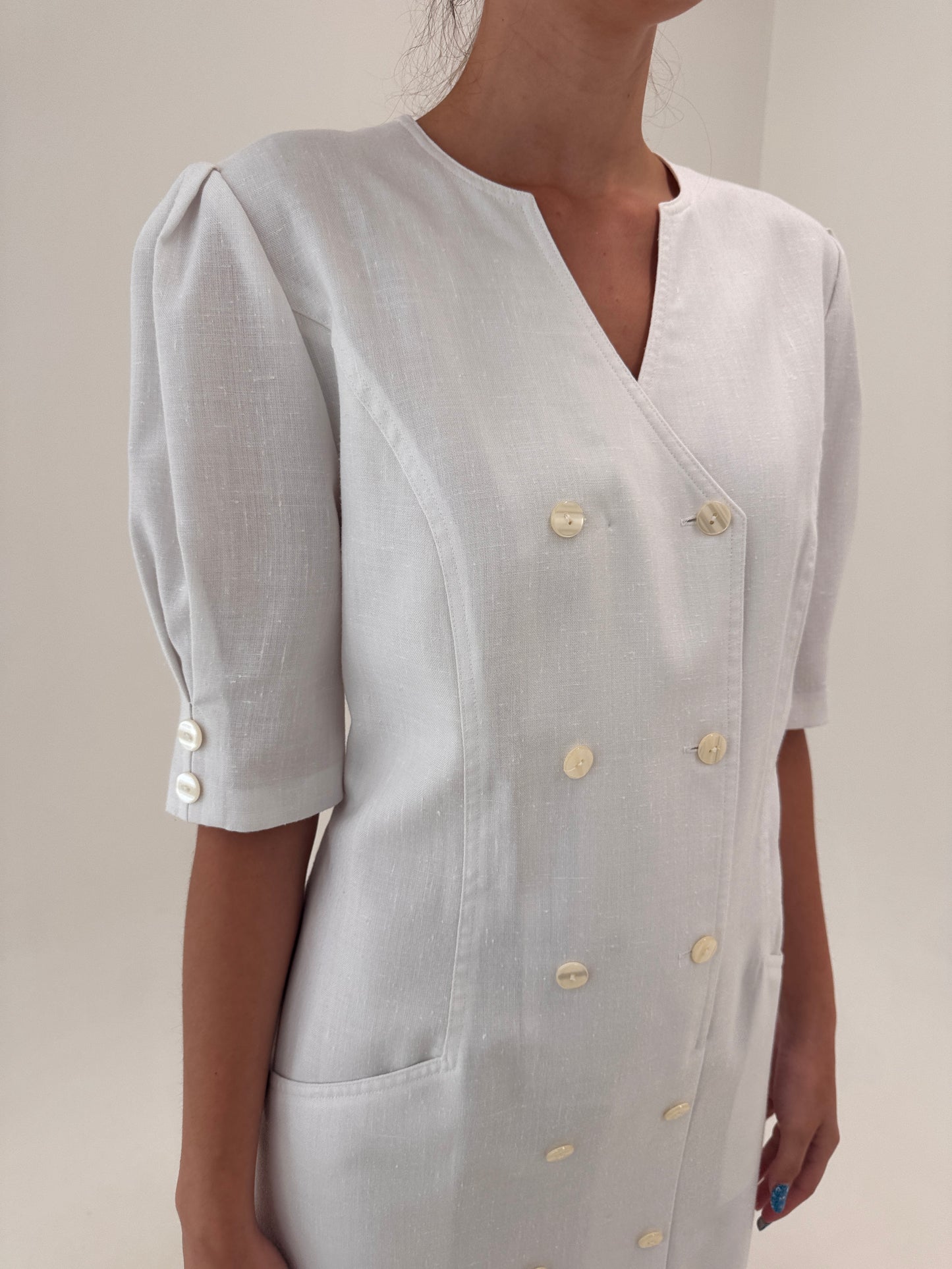 Rochie retro din pânză de in butter white cu mâneci ușor bufante