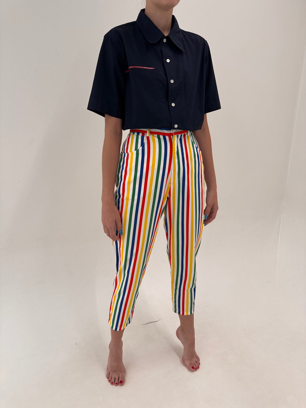 Pantaloni Rocco Barocco luxury țigaretă în dungi din canvas fin de bumbac