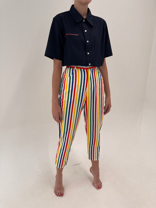 Pantaloni Rocco Barocco luxury țigaretă în dungi din canvas fin de bumbac
