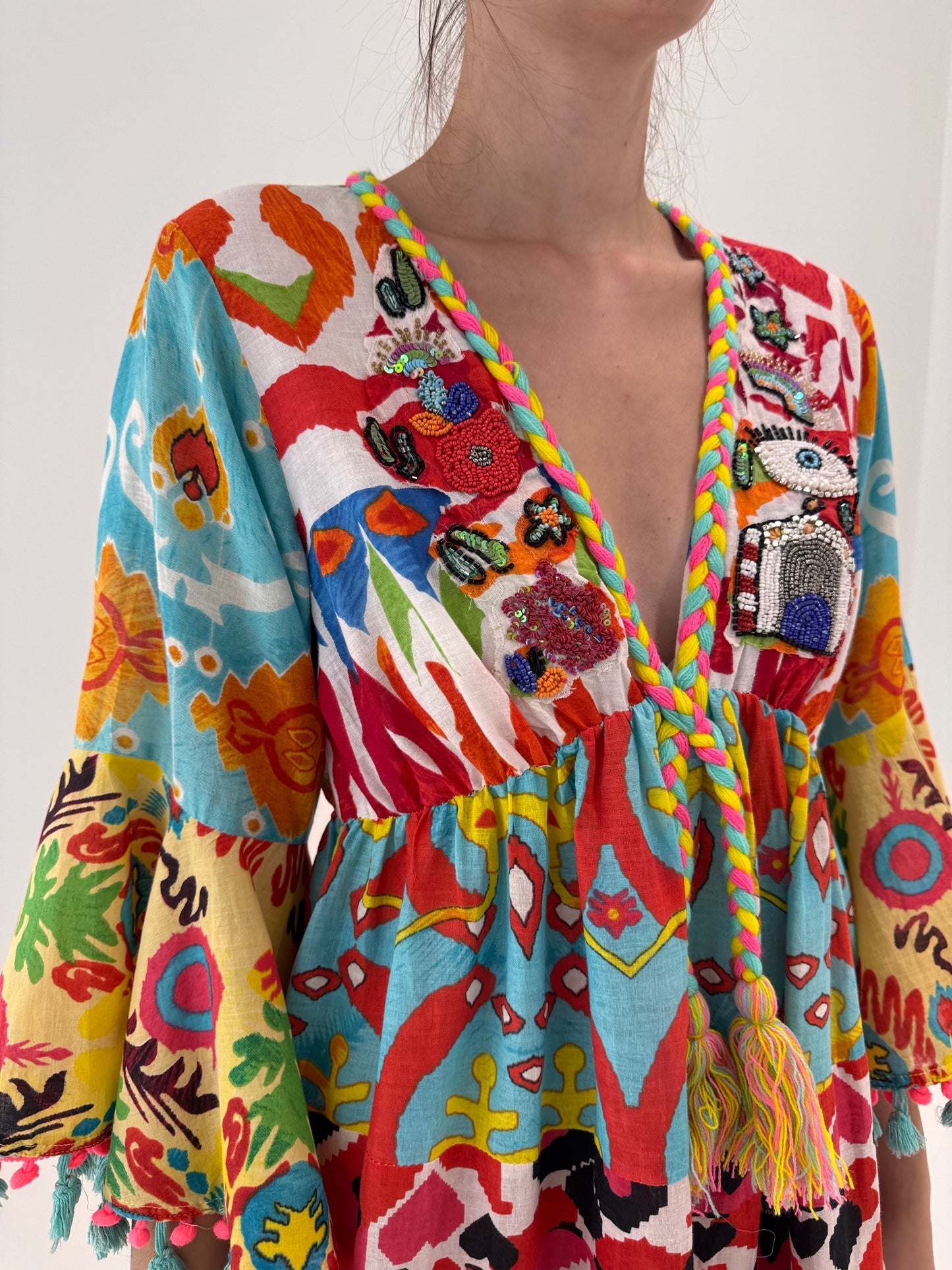 Rochie italiană boho din panzica de bumbac cu aplicații manuale Antica Sartoria