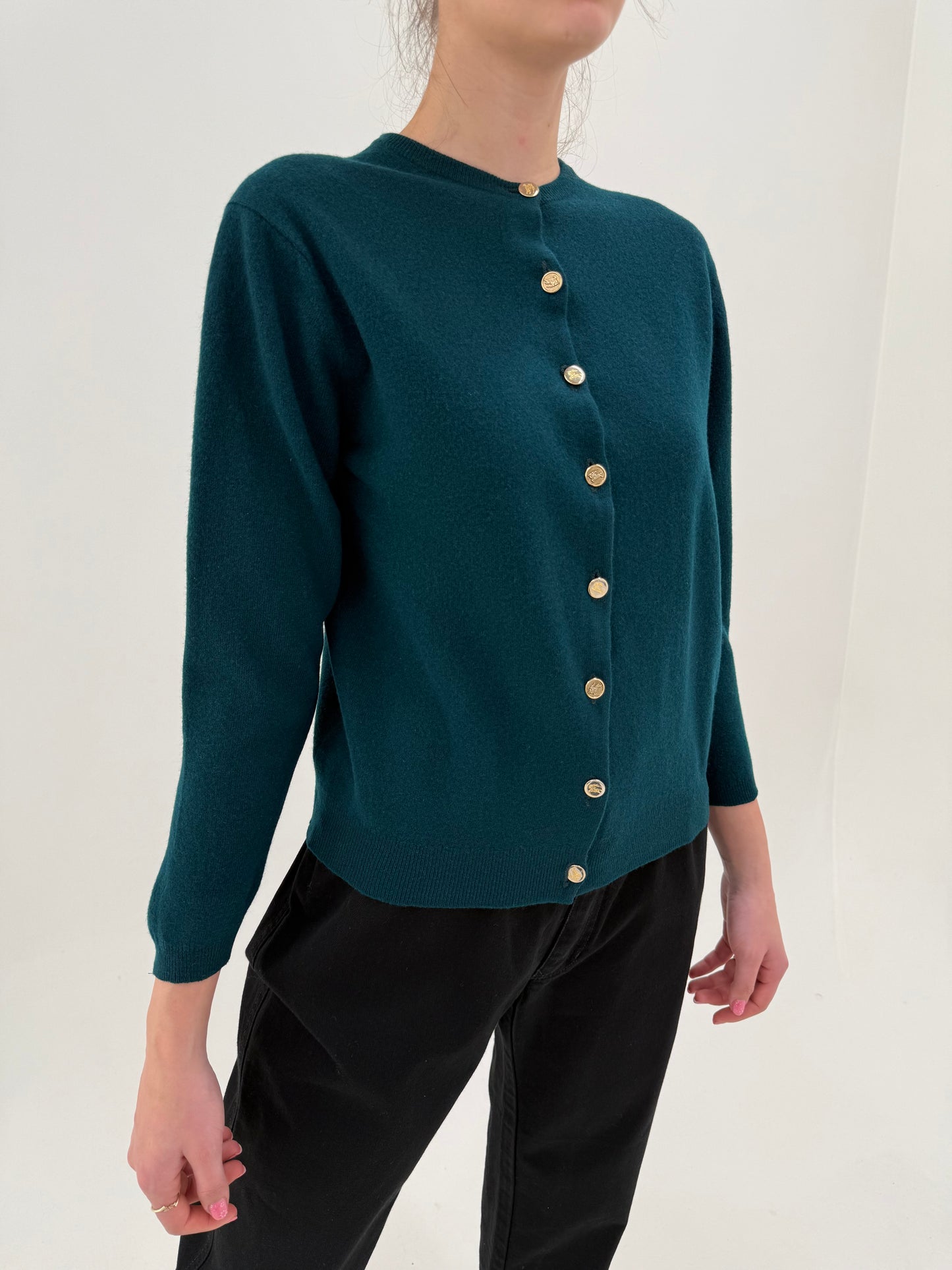 Cardigan Burberry dark green din lana extrafina cu nasturi aurii