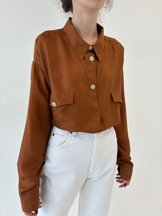 Cămașa caramel brown în croi oversized din mătase naturală