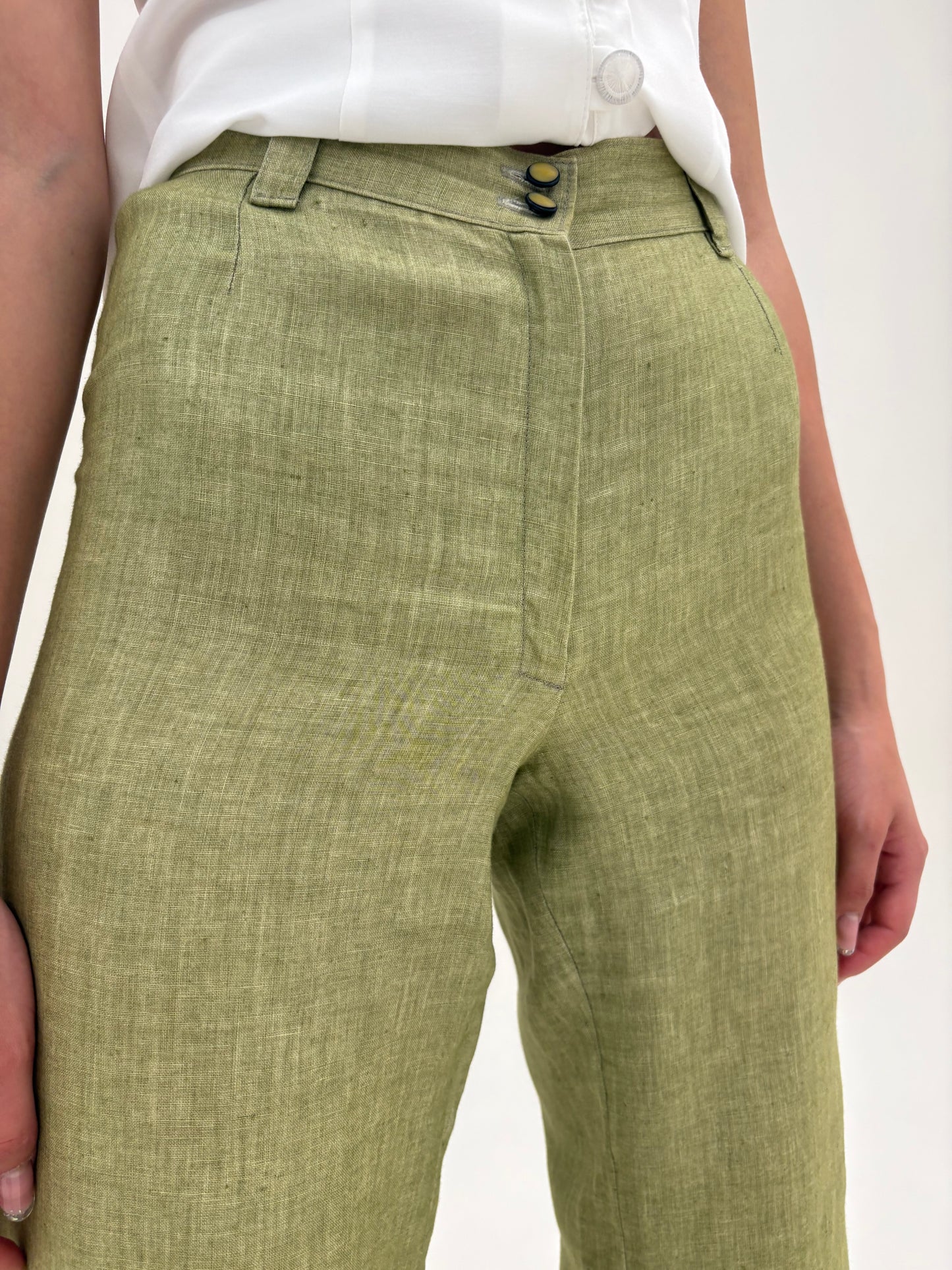 Pantaloni olive green din in în croi spre palazzo petite