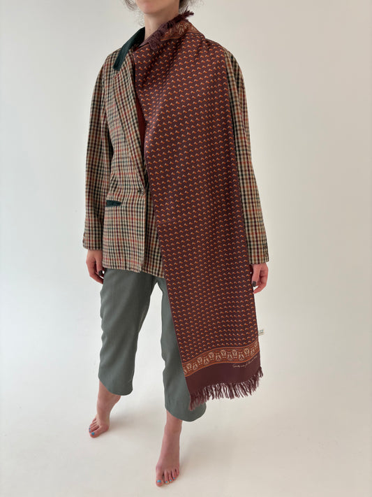 Esarfa vintage chocolate brown cu print paisley oranj din mătase naturală