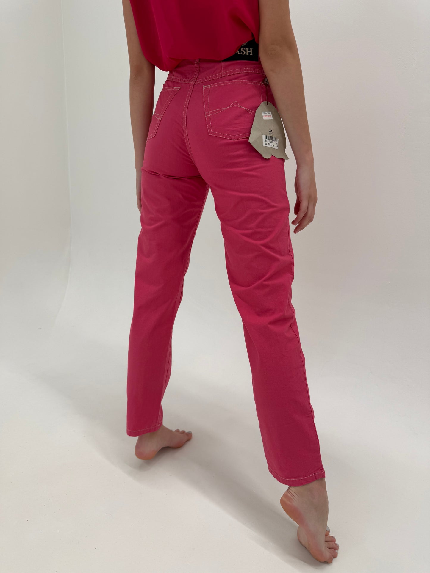 Pantaloni vintage noi din poplin de bumbac fucsia tall