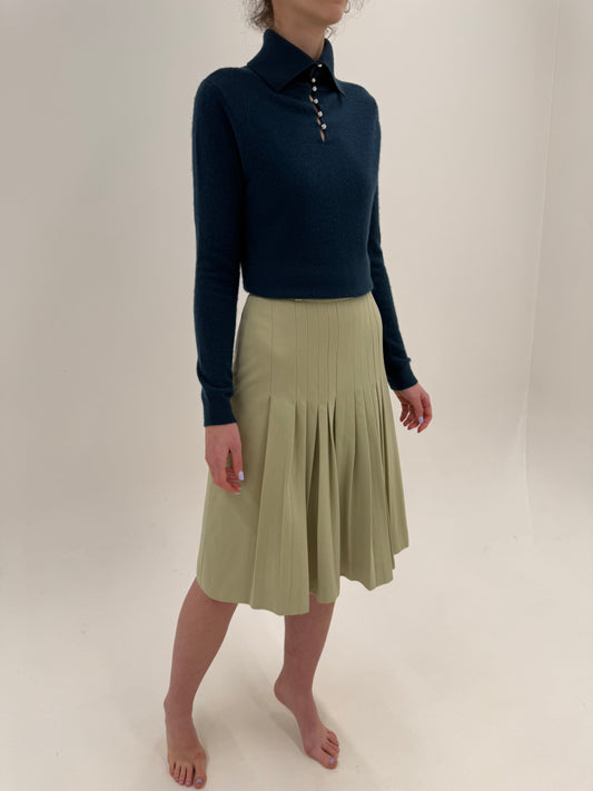 Fustă plisata light sage green din lana worsted italiană extra