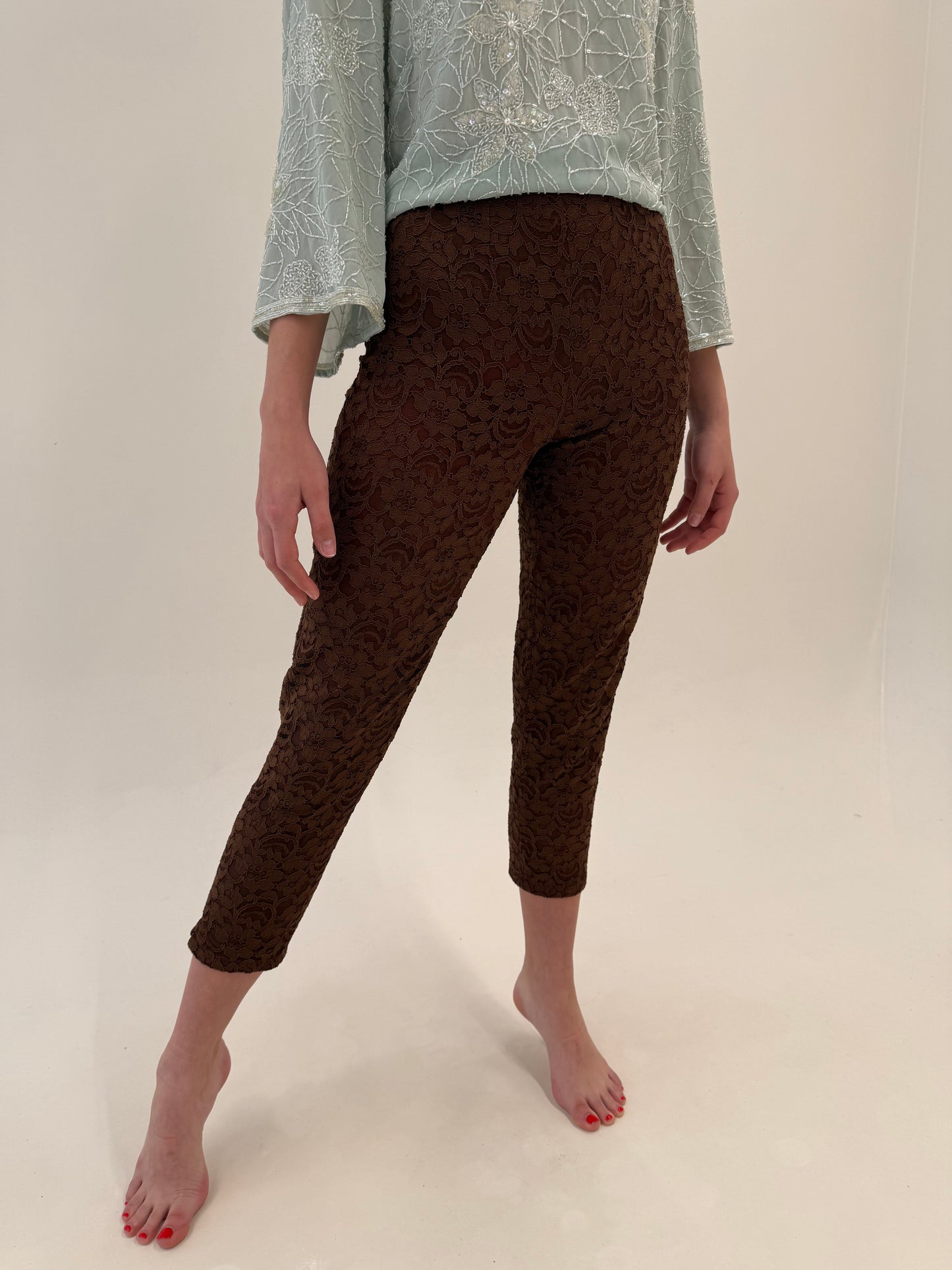 Pantaloni vintage petite italienești din dantelă guipure cu talie ultra înaltă