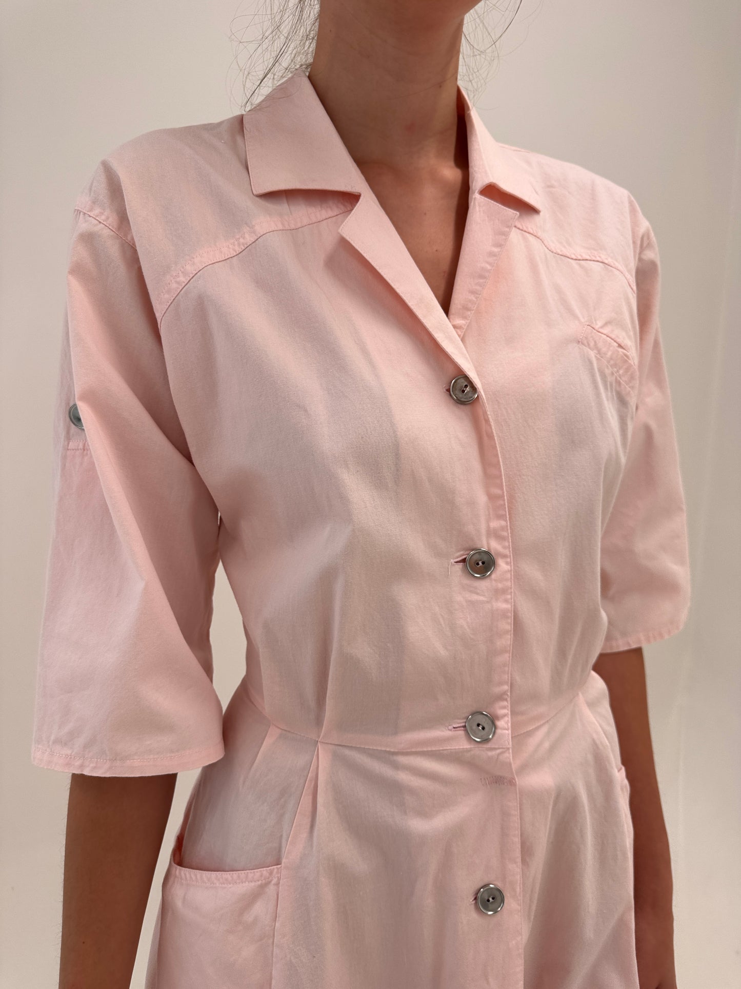 Rochie vintage powder Pink in croi retro modern de ani 50 din poplin premium de bumbac