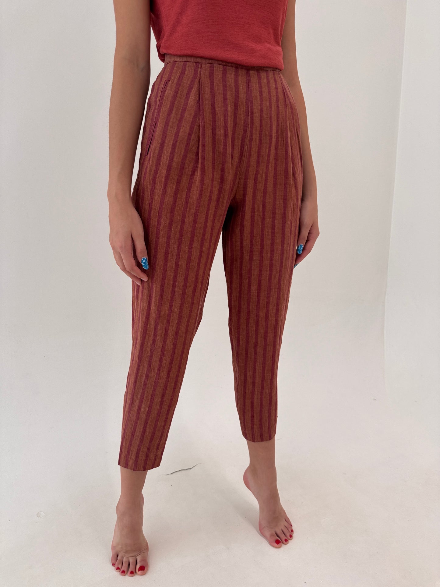 Pantaloni Max Mara din in excepțional burgundy și terracota în dungi