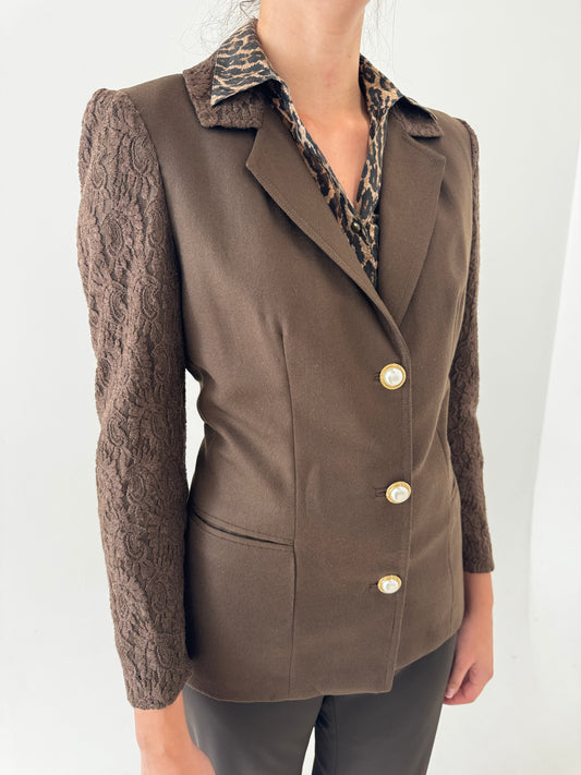 Sacou vintage din lana chocolate brown cu nasturi bijuterie și mâneci spectaculoase