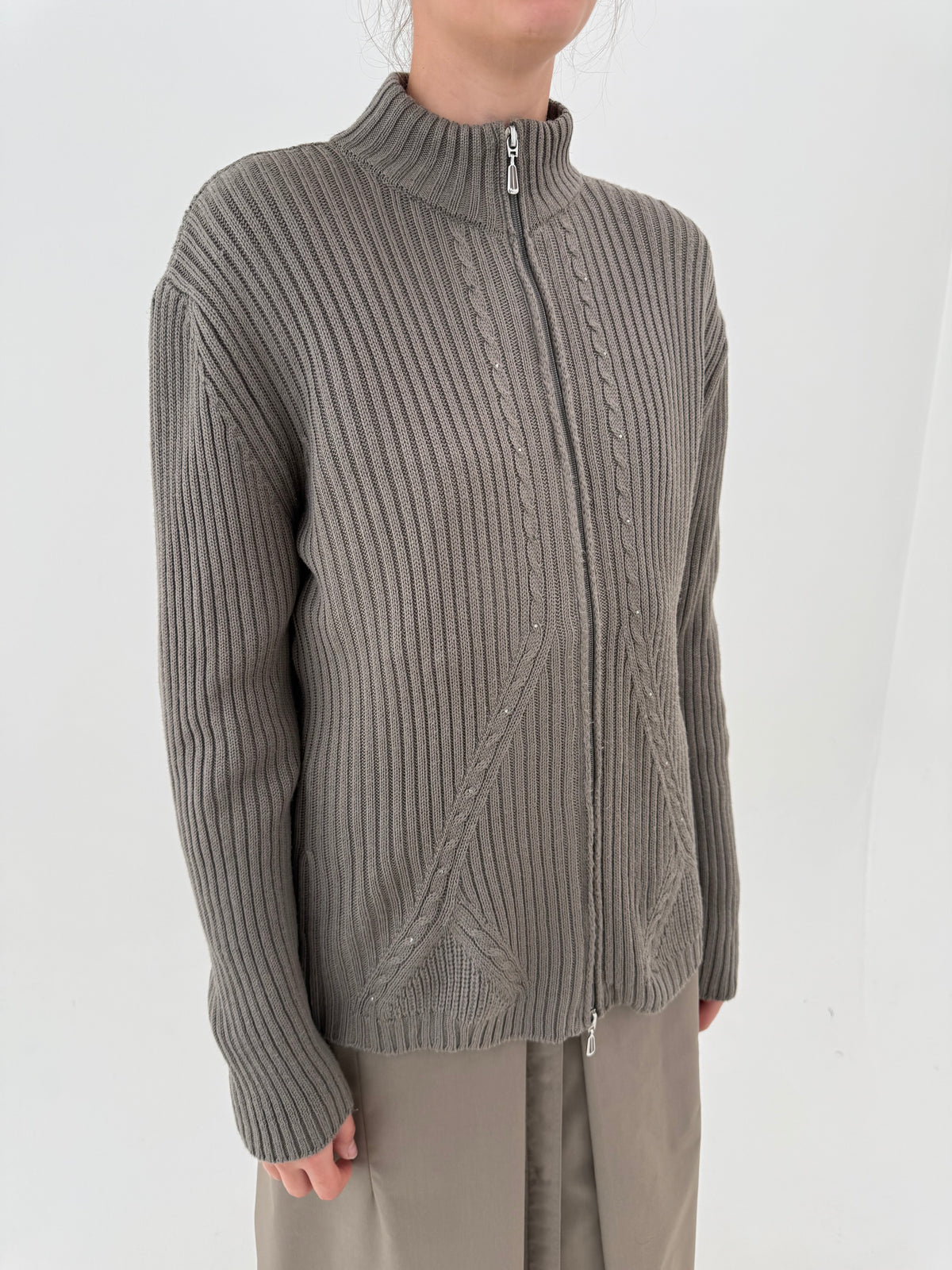 Cardigan full zip ribbed light taupe din lana merino extrafina plină