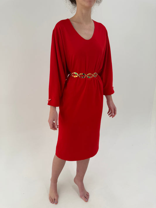 Rochie vintage roșu tare din tricot dens de lana extrafina cu mânecă fluture