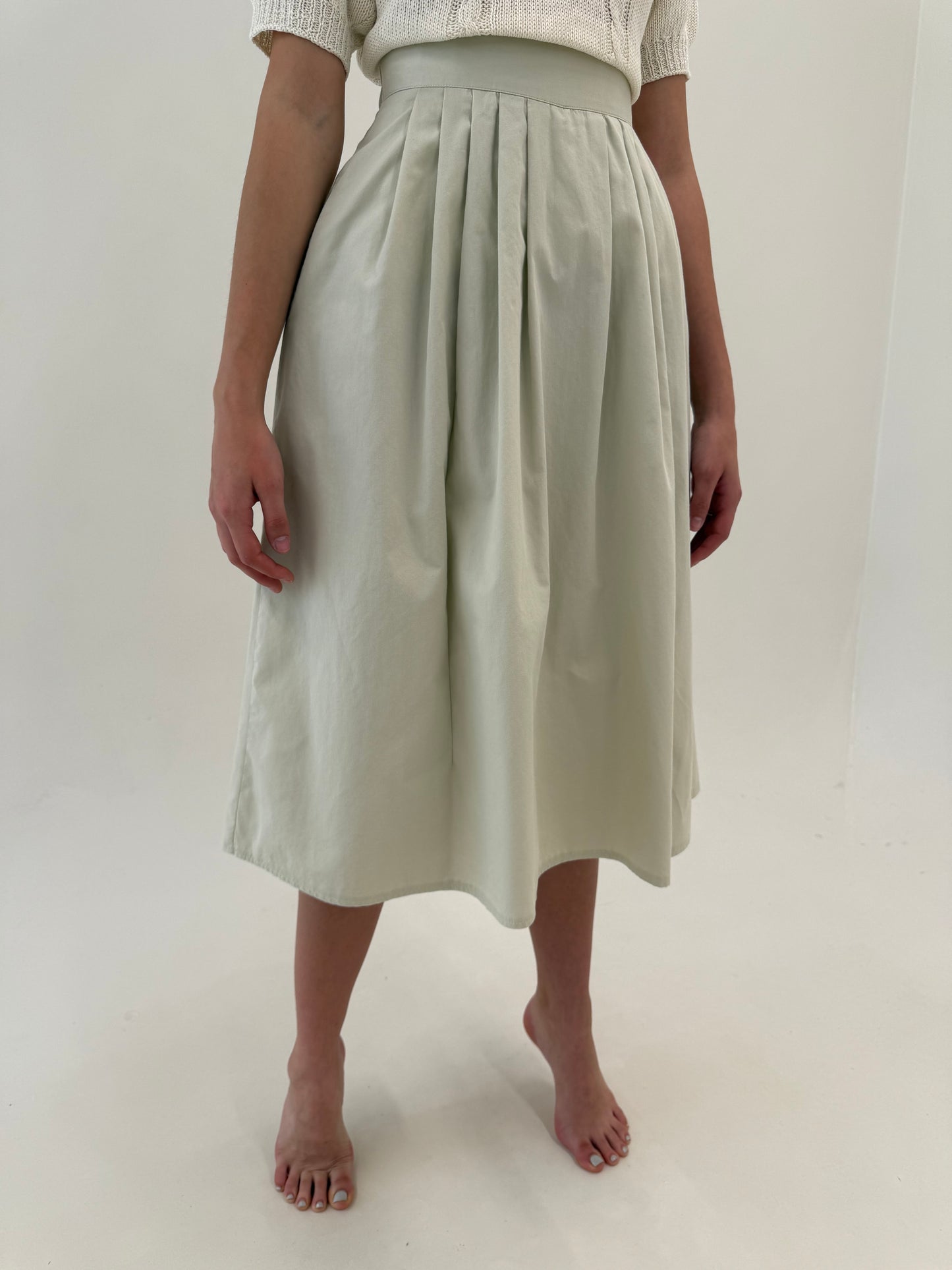Fustă vintage midi lung cu buzunare very light green din bumbac premium