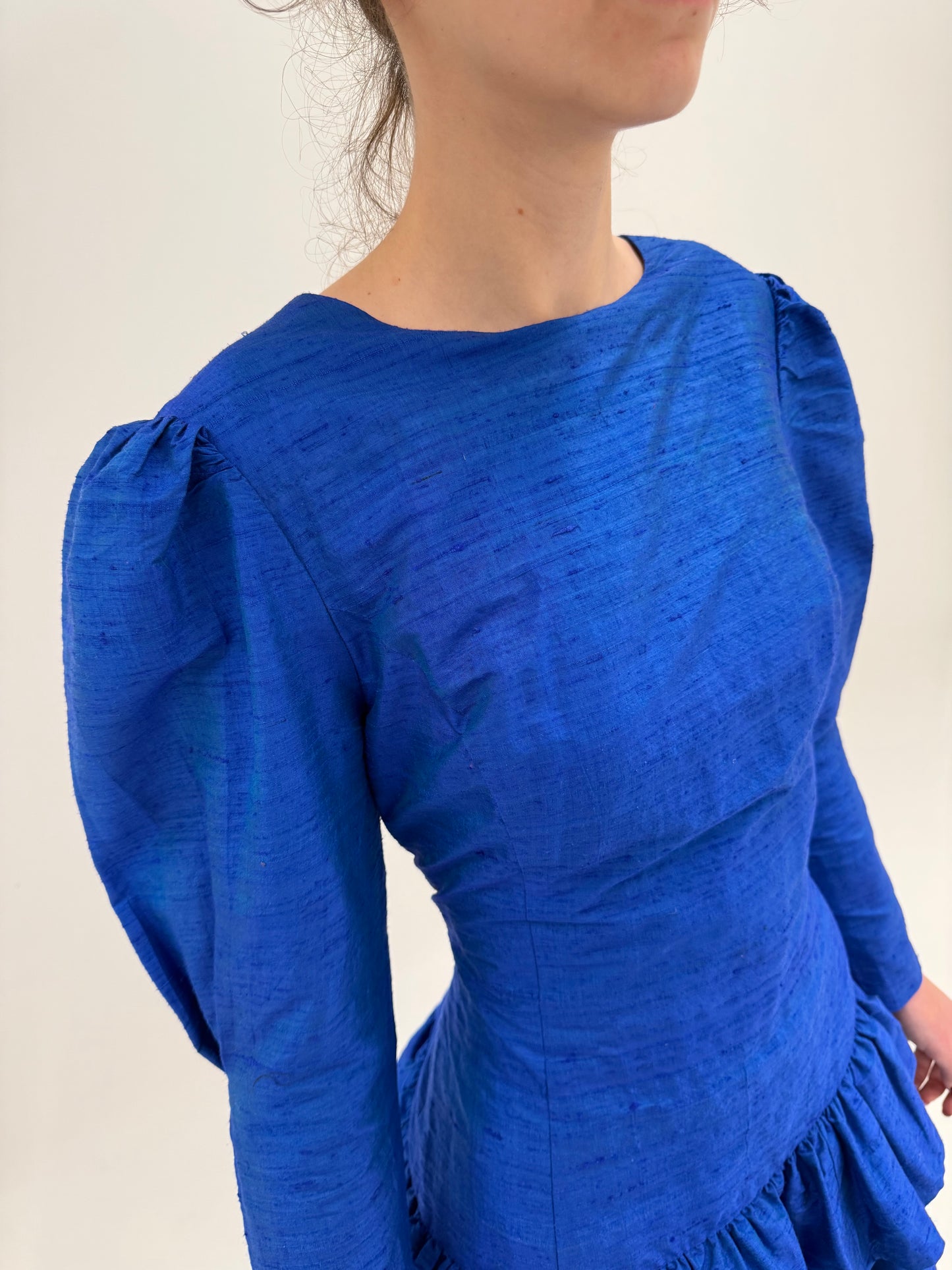 Rochie vintage albastru regal din mătase naturală dupioni groasă