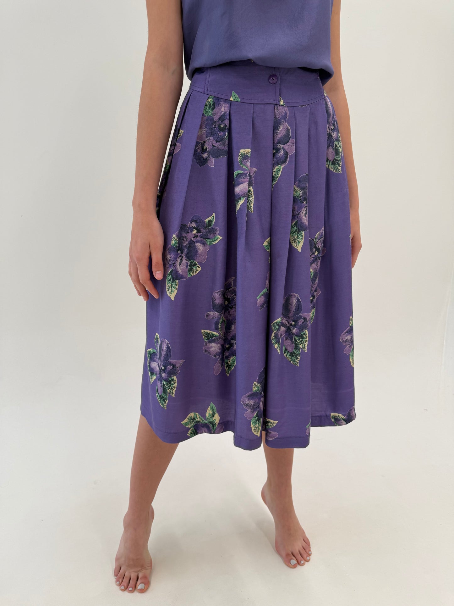 Fustă vintage lavandă cu print floral și talie ultra marcată înaltă din panzica