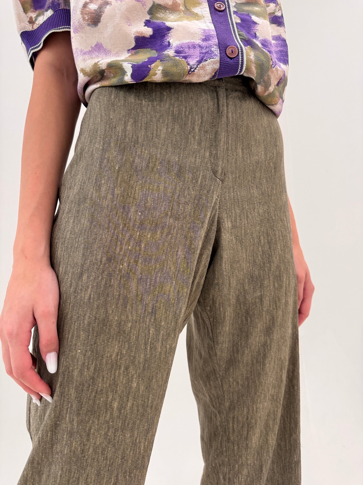 Pantaloni petite italienești din in melanj kaki și camel