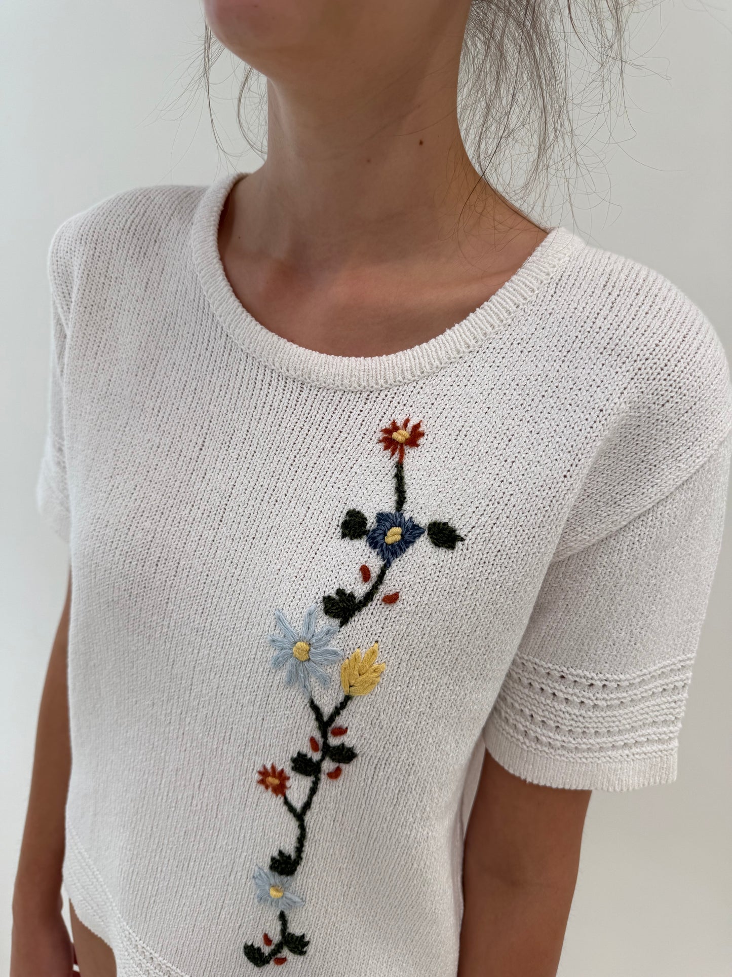 Top vintage soft knit de vară cu broderie manuală din bumbac