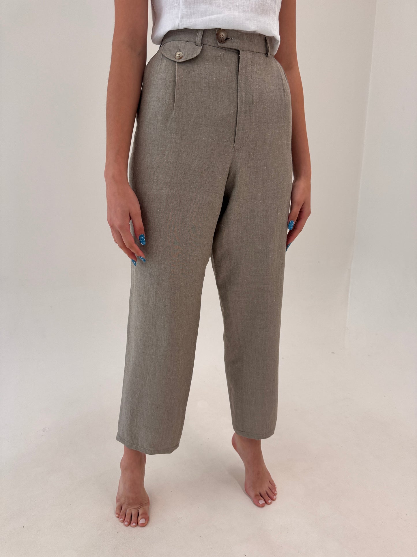 Pantaloni grej vintage italienești tall fin pânză excepțională de in și vascoza