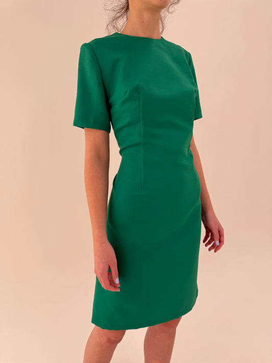 Rochie verde smarald tare din mix de lana extrafina în croi ușor cambrat minimalist