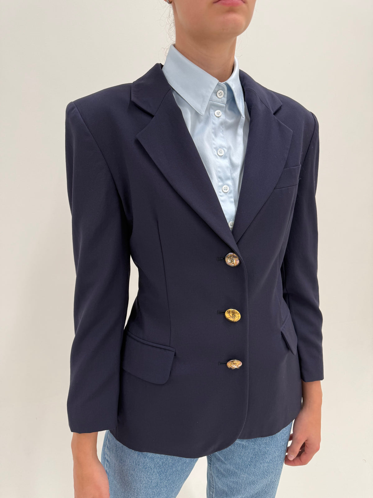 Sacou Moschino Navy blue din lana extrafina cu nasturi metalici aurii