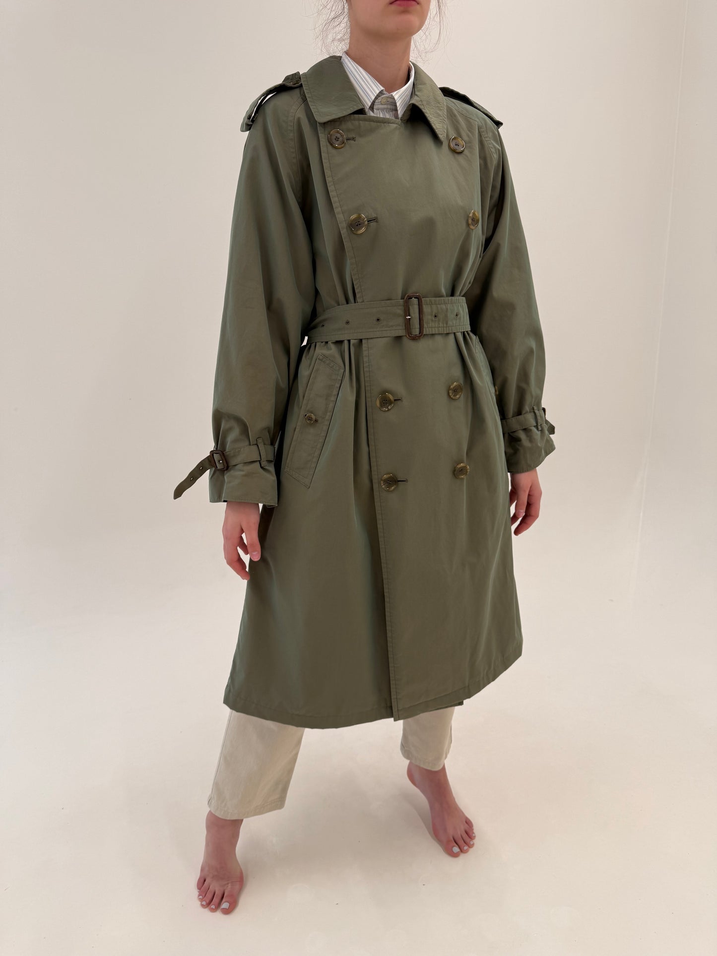 Trench vintage Burberry kaki cu talie reglabilă cu cordon
