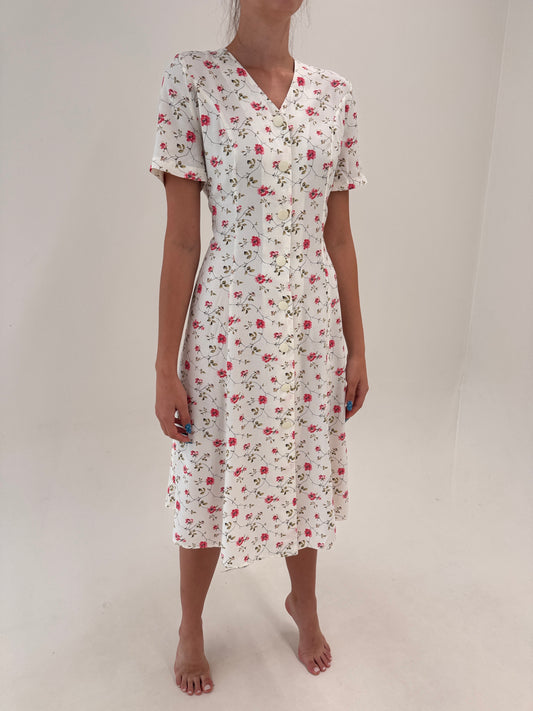 Rochie vintage midi lung cu talie reglabilă și print floral delicat vaporoasă