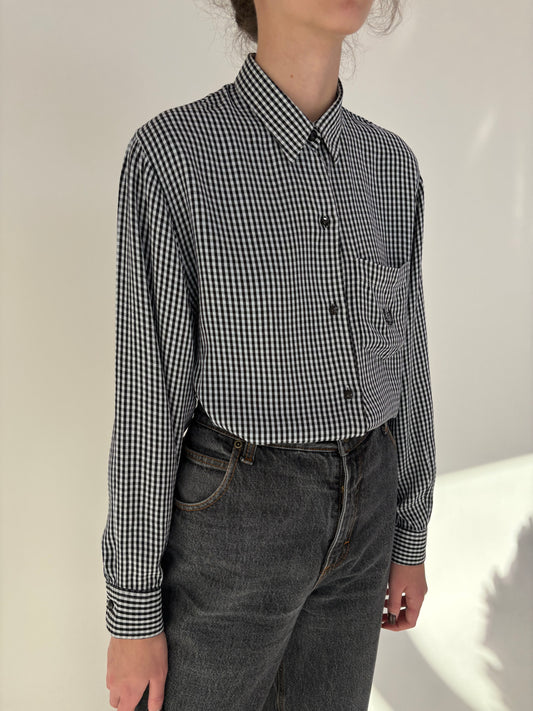 Cămașa premium vinatge în carouri alb negru din poplin texturat