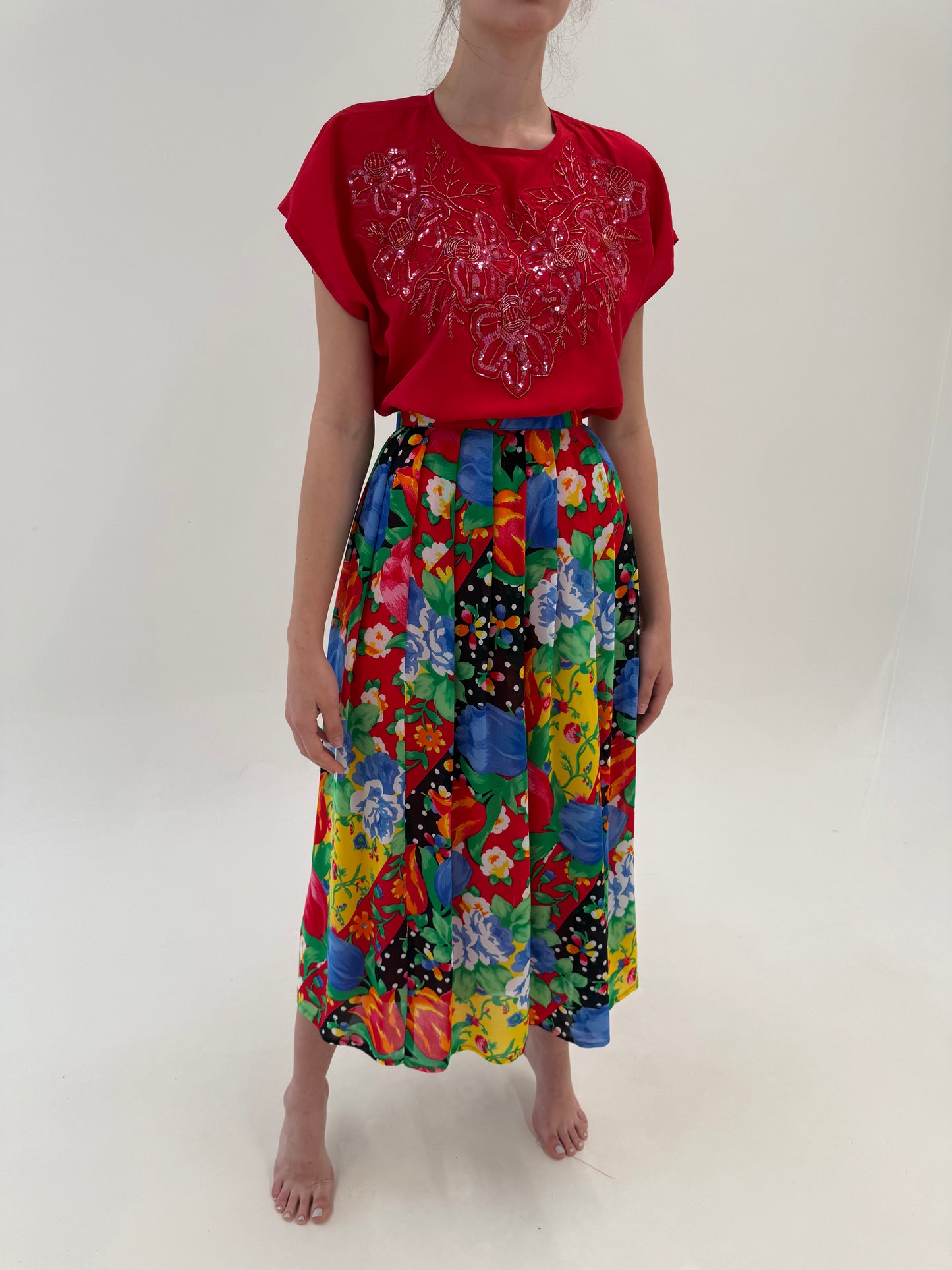 Fustă vintage plisată maxi cu print superb în culori tari