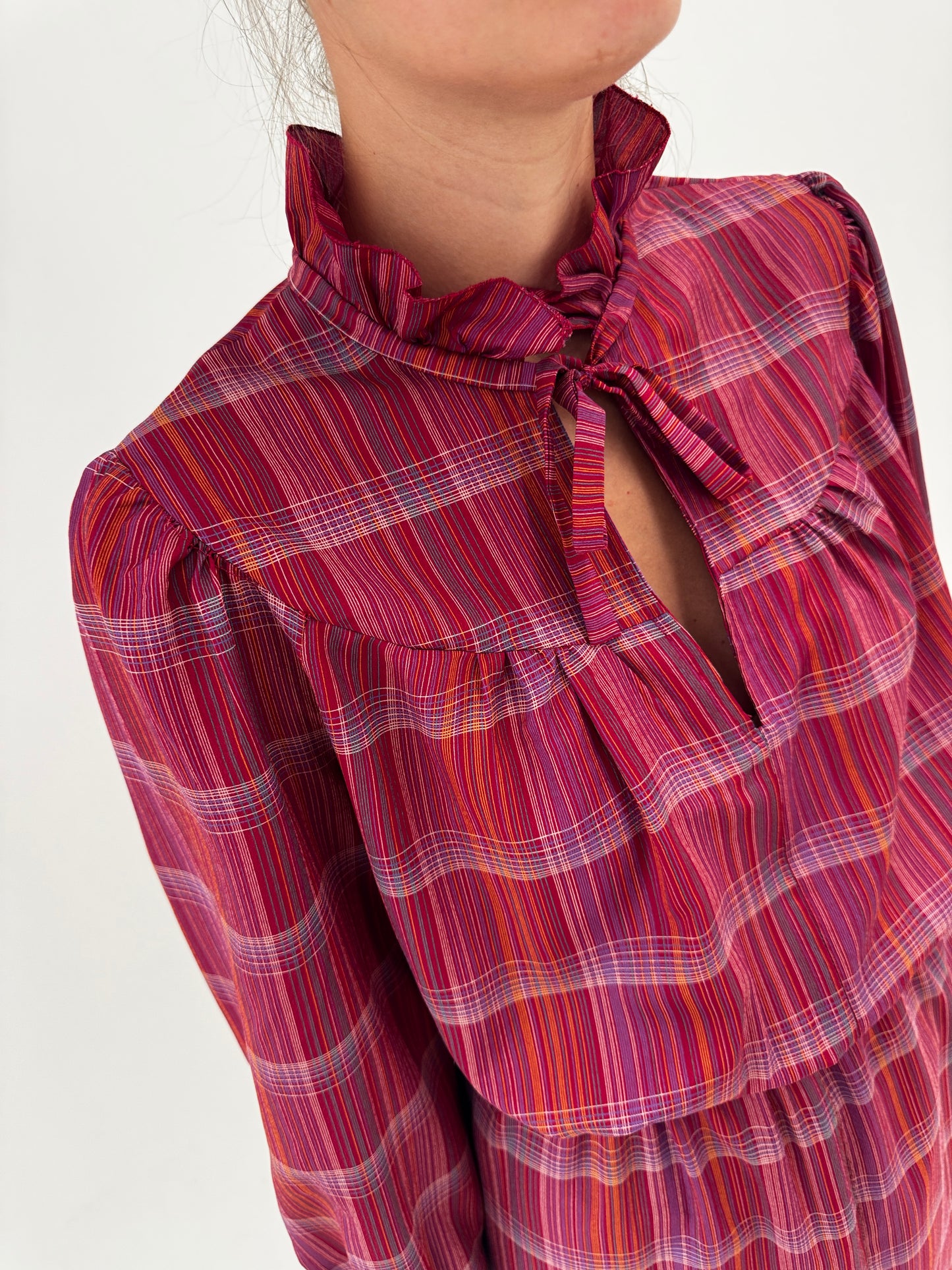 Rochie vintage în carouri și nuanțe superbe petite din mix de mătase naturală