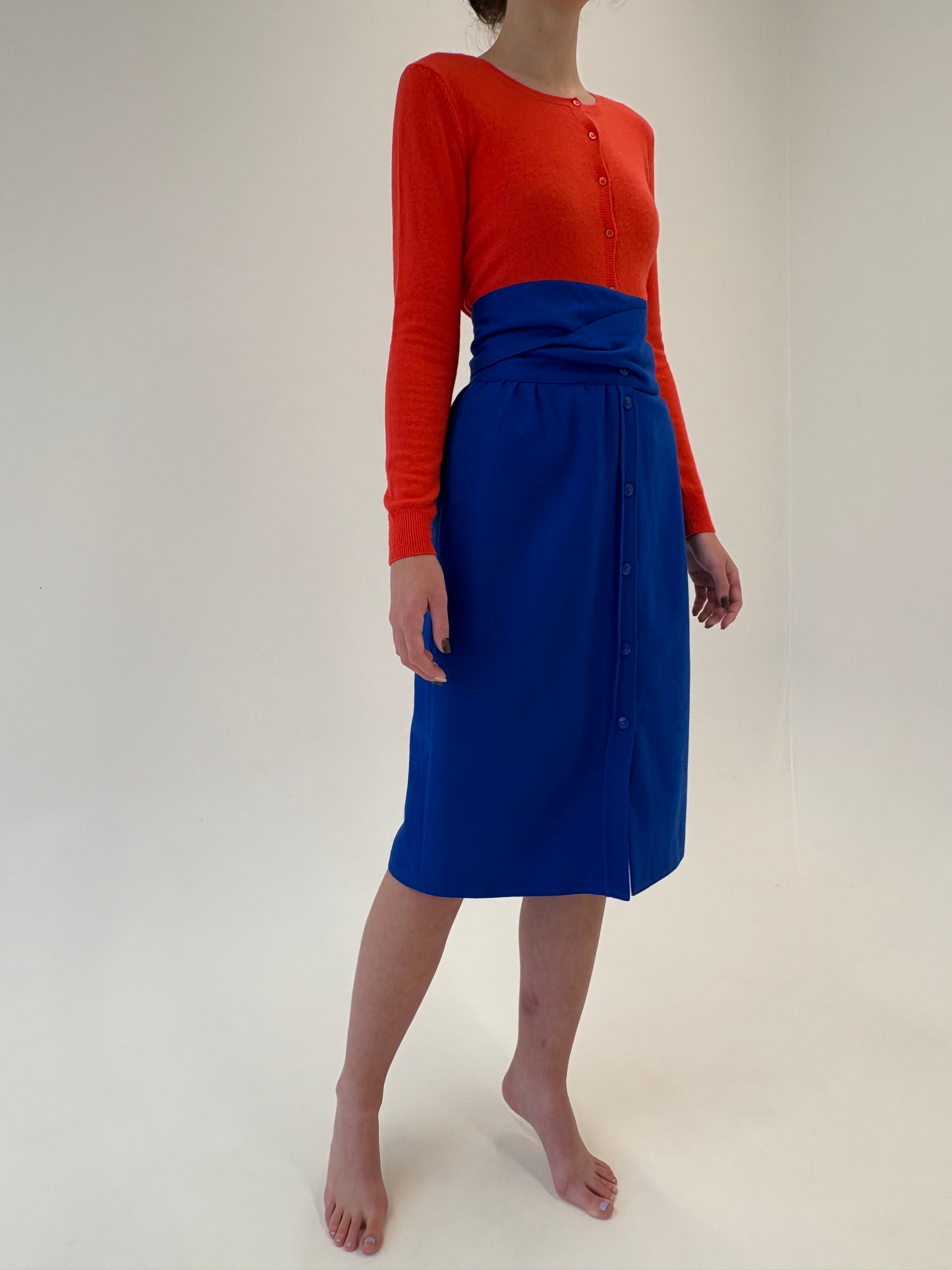 Fustă albastru regal spectaculoasă cu talie ultra înaltă în croi elaborat