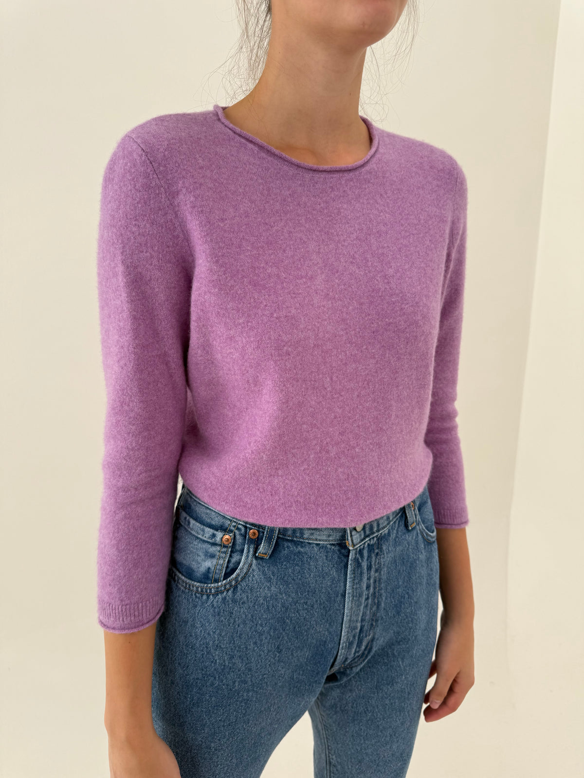 Pulover petite din cașmir orchid purple crew neck