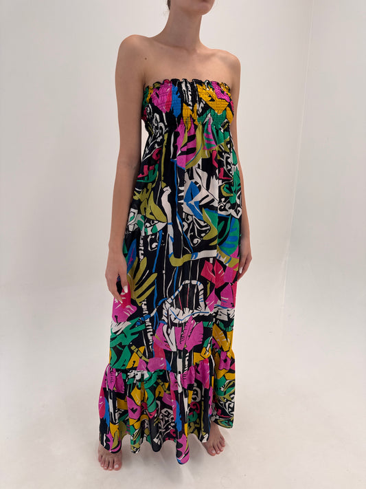 Rochie maxi din mătase naturală cu print în culori tari și bust elastic de la zi la seară