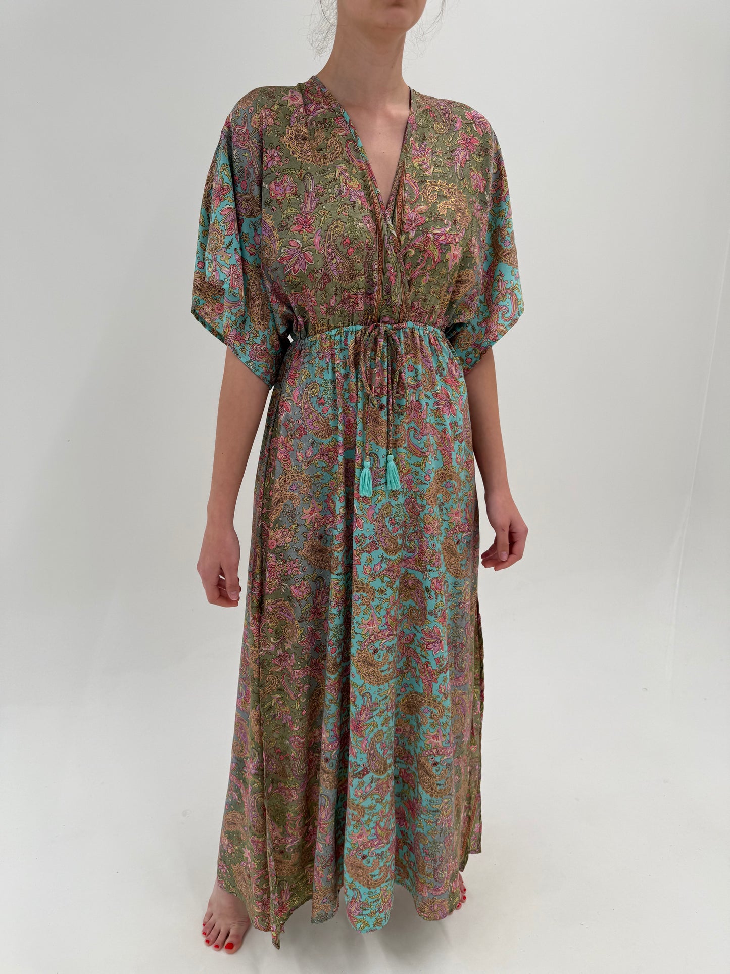 Rochie maxi boho chic cu talie reglabilă din 70% mătase naturală