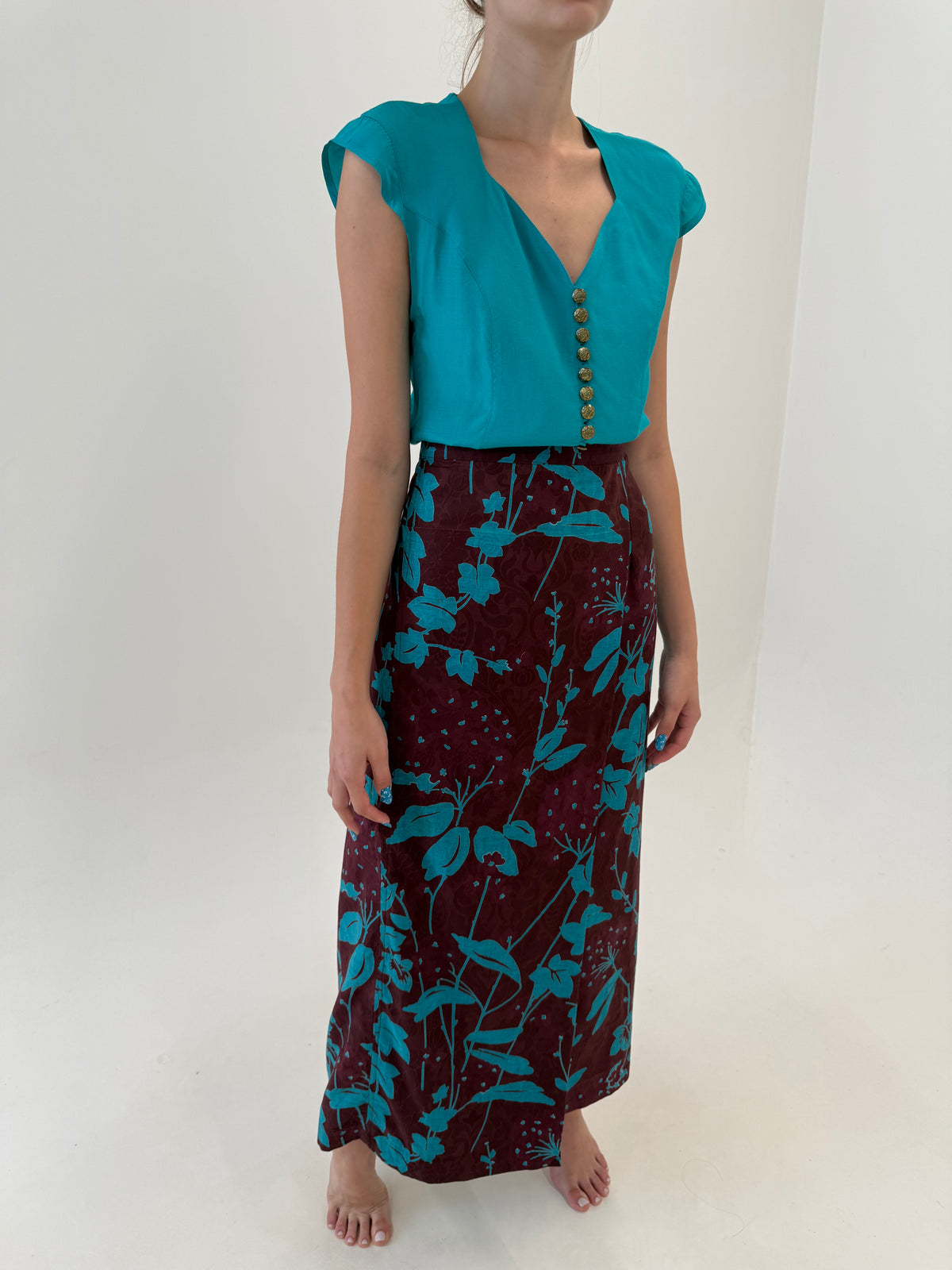 Fustă maxi tall petrecuta din canvas de bumbac plum orange cu print aqua