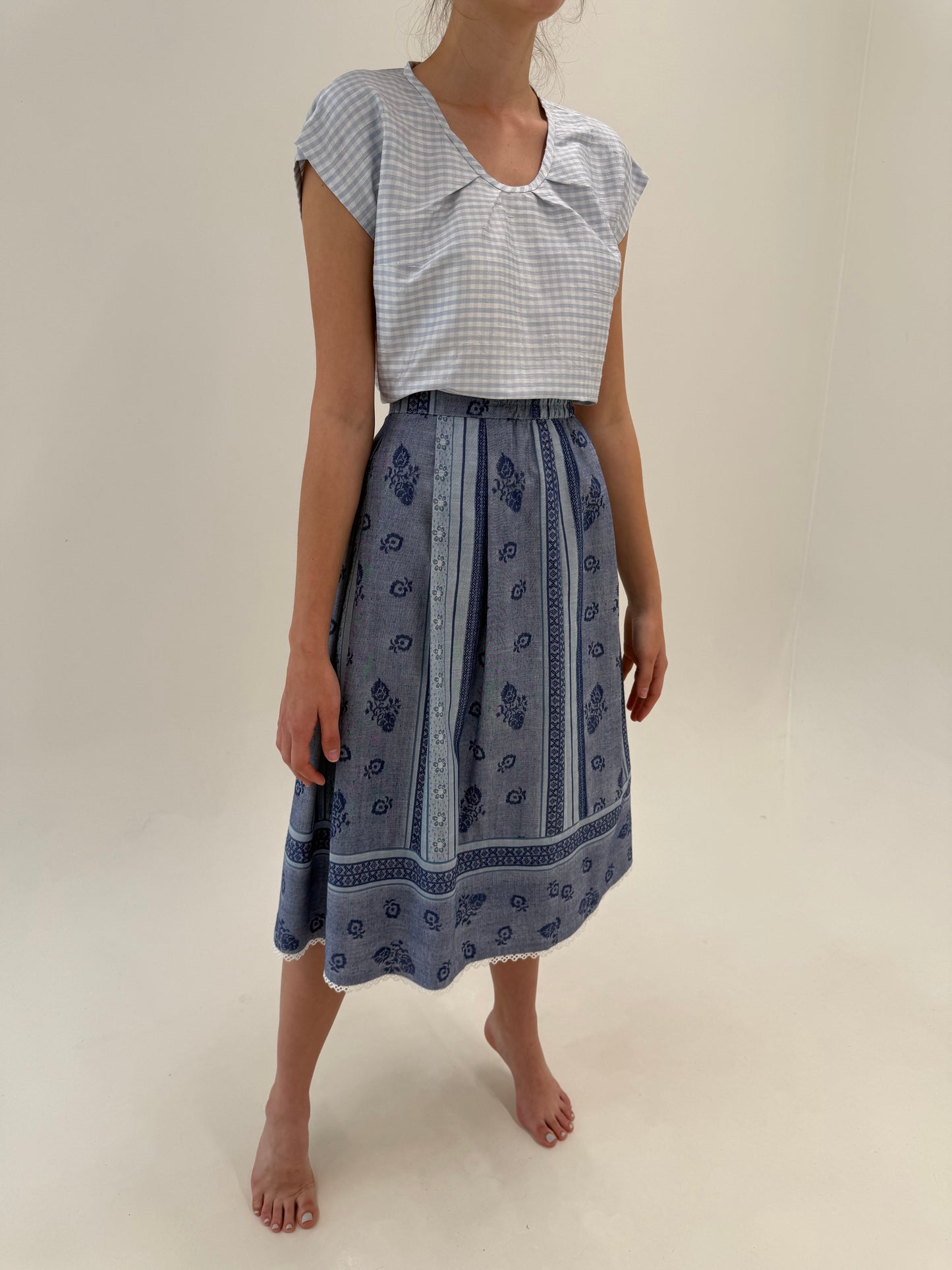 Fustă vintage din pânză excepțională jeans blue midi cu talie ultra înaltă