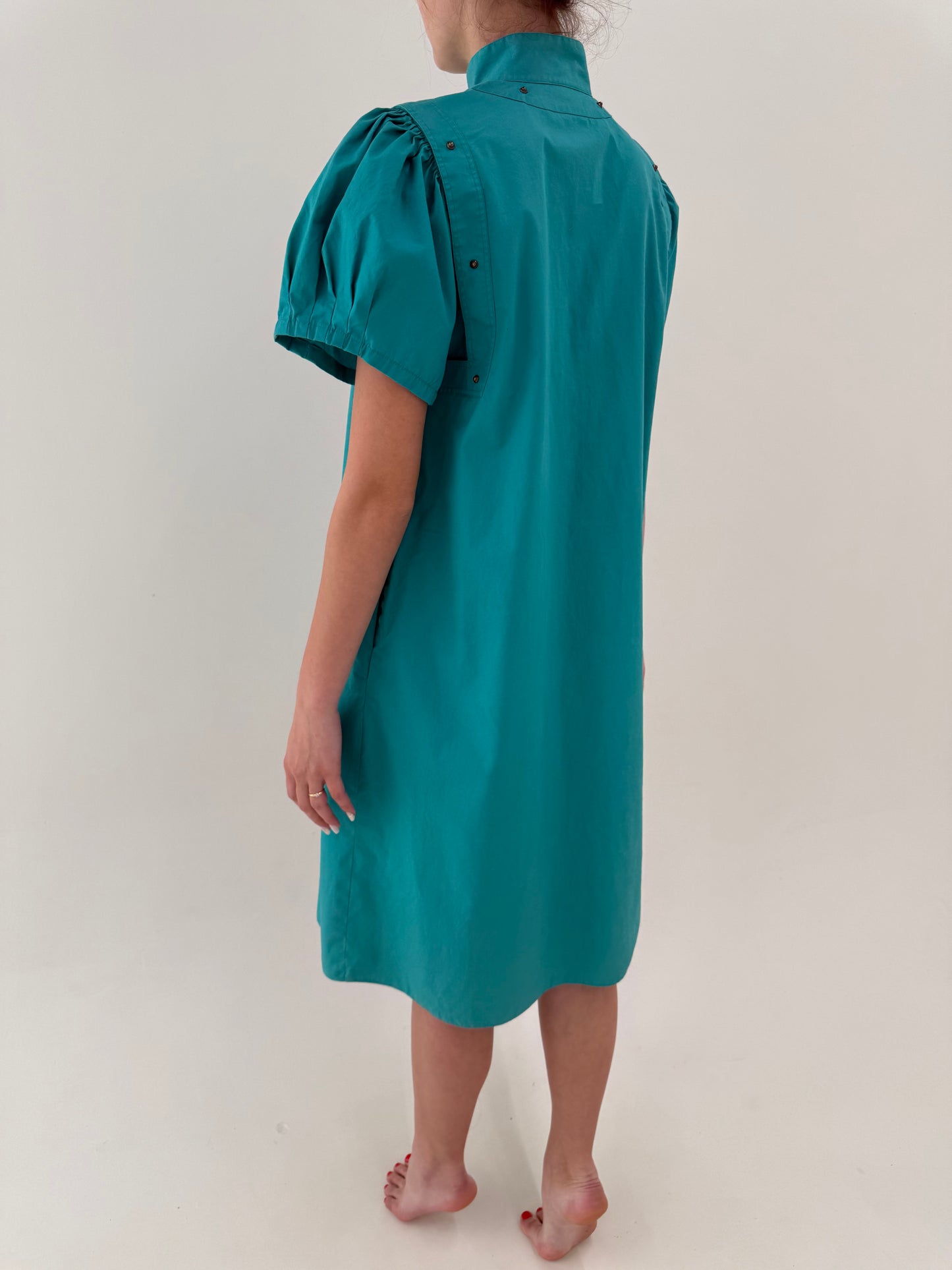 Rochie vintage în croi ultra chic retro modern turcoaz din poplin de bumbac