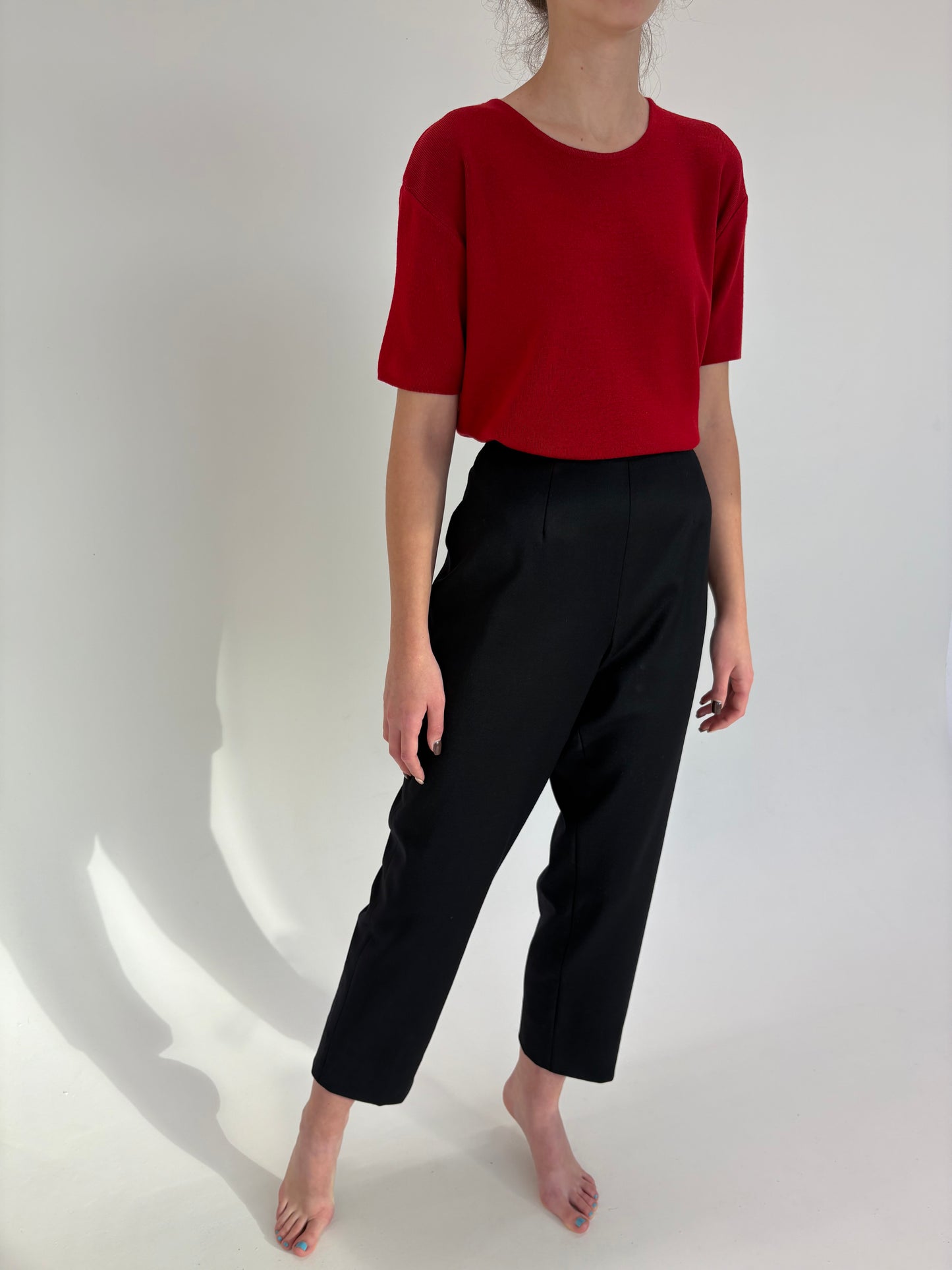 Pantaloni negri țigaretă din lana plină extrafina confort cu talie ultra înaltă