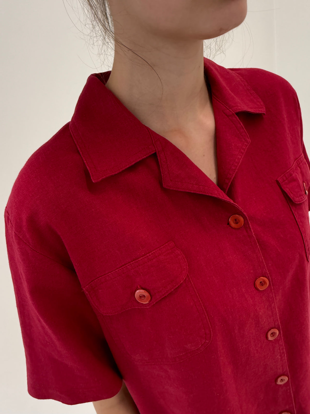 Cămașa dark cherry red din canvas de bumbac și in